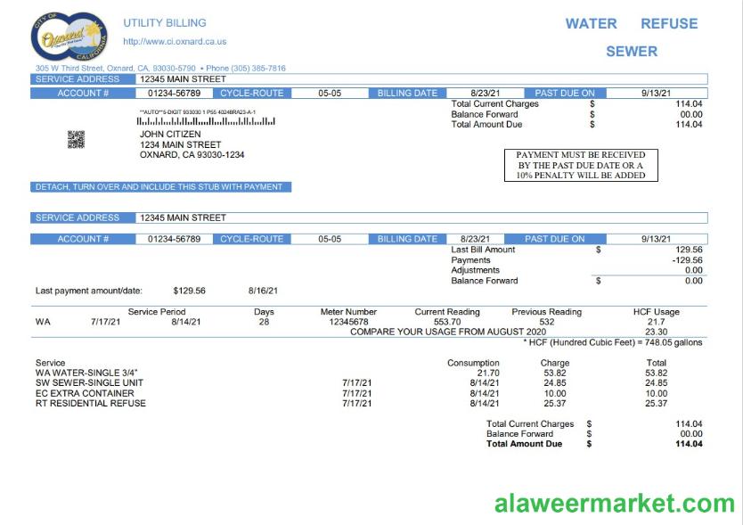 USA California City of Oxnard utility bill template in Word and PDF format